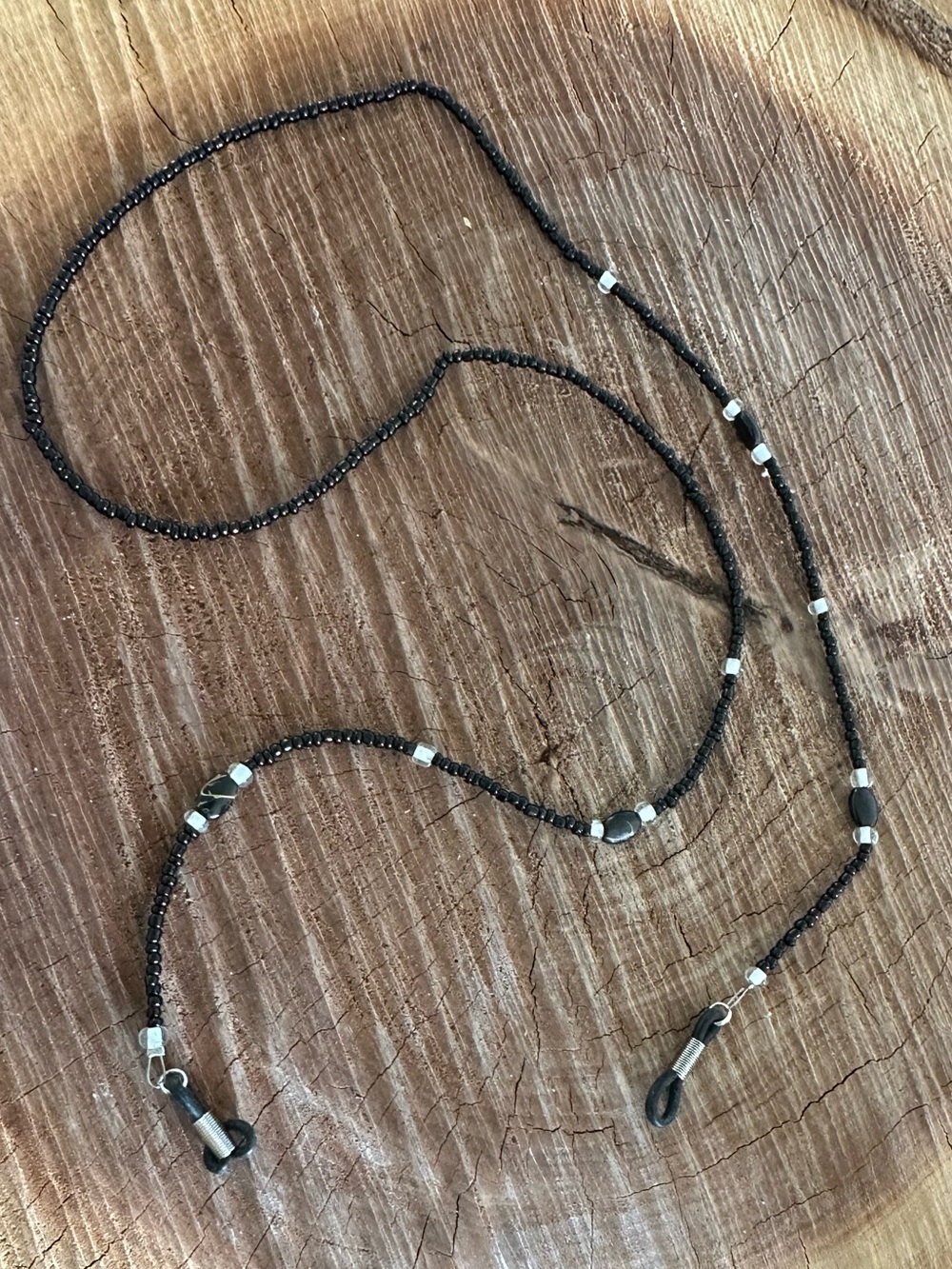 Black Beaded Eyeglass Chain with Silver Accents
